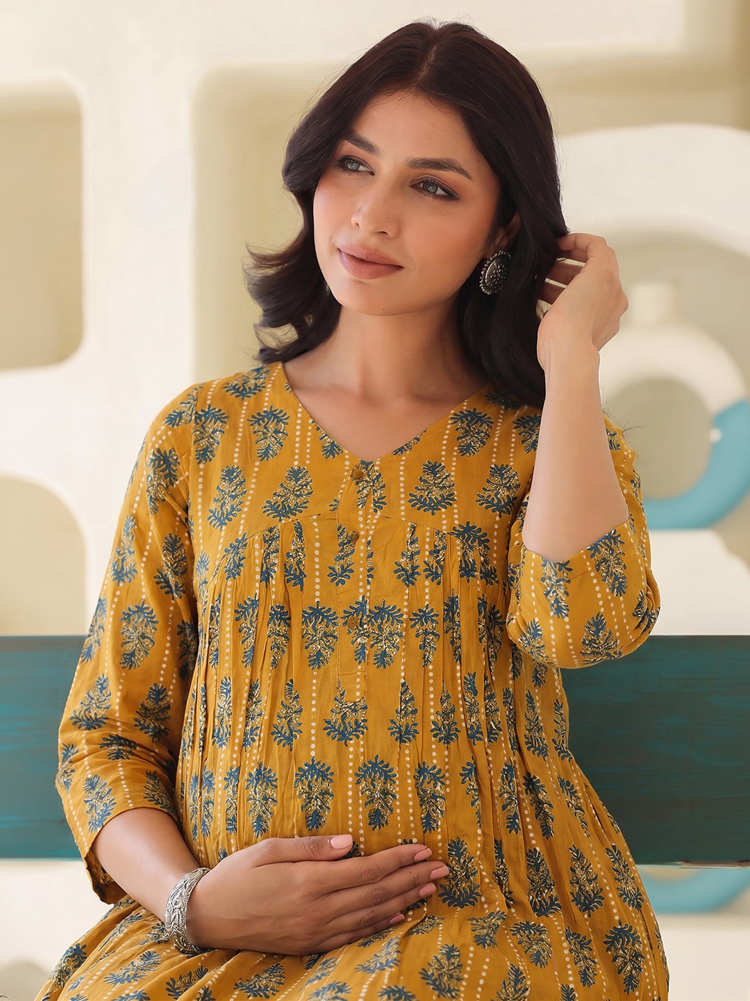 Janasya Women's Mustard Pure Cotton Ethnic Motifs Printed A-Line Maternity Kurta