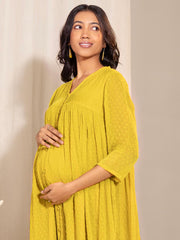 Yellow Dobby Georgette Self Design Frontslit Maternity Dress
