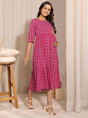 Pink Cotton Woven Design Tiered Maternity Dress
