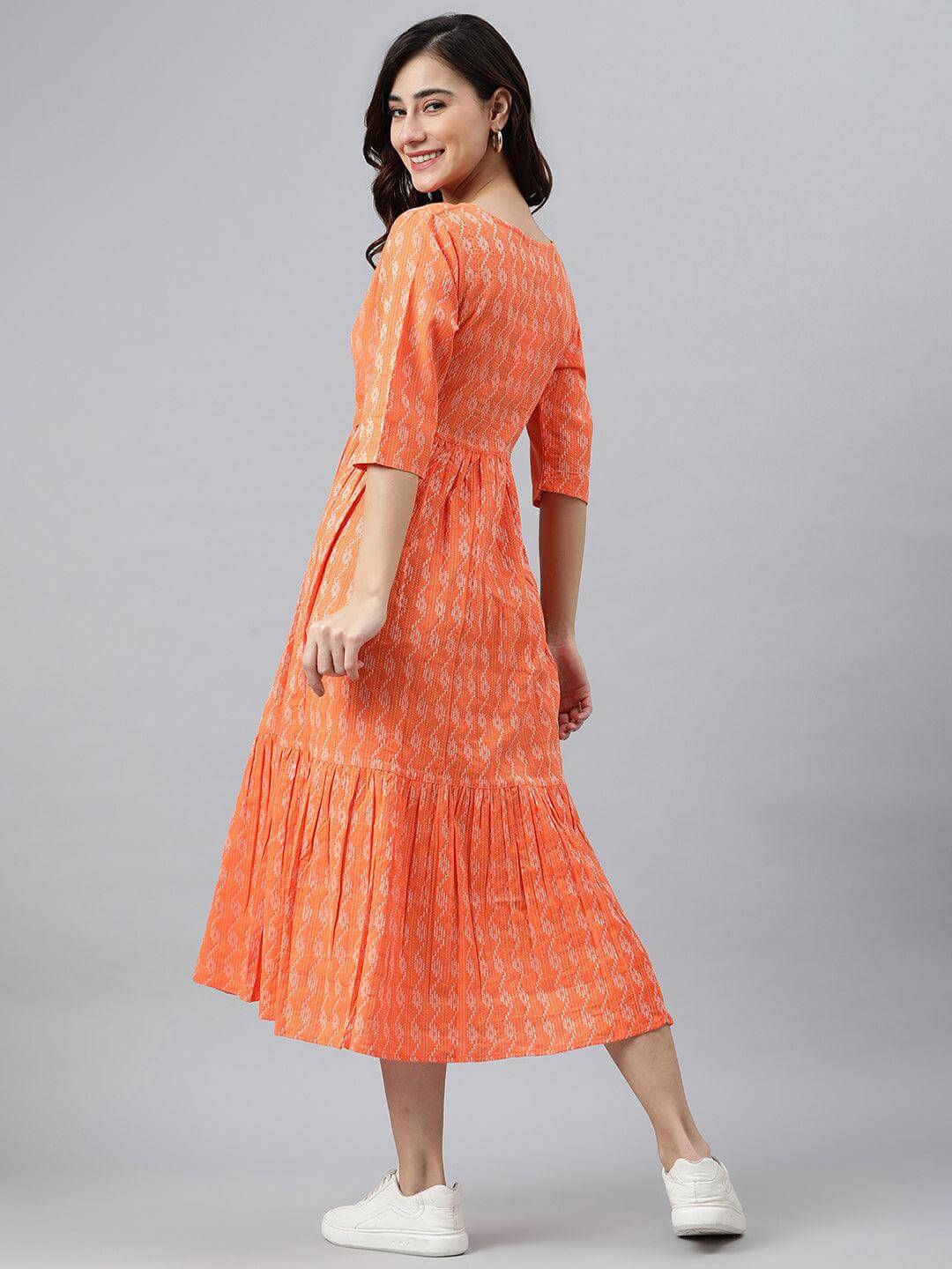 Orange Cotton Woven Design Tiered Western Dress Janasya