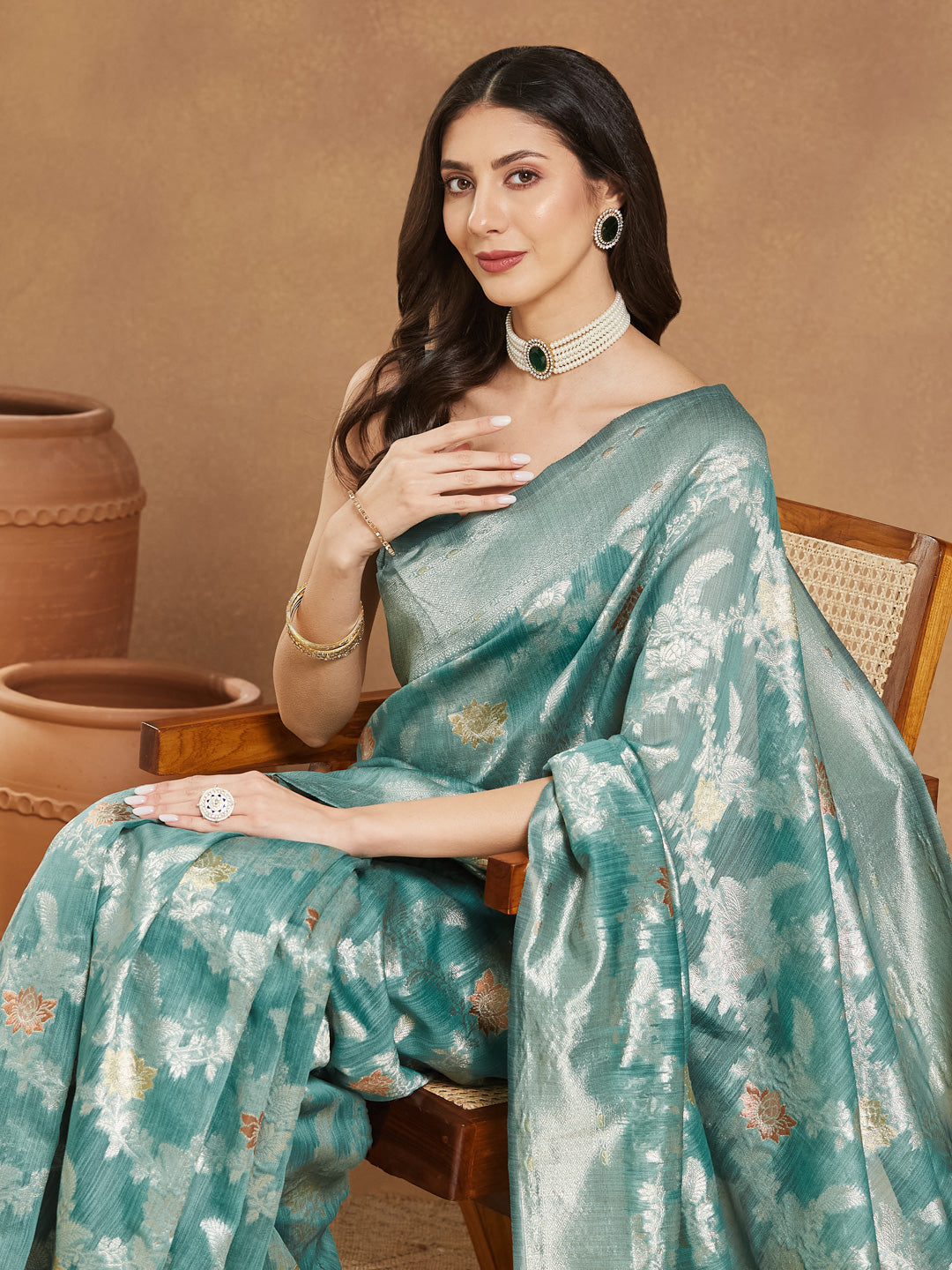 Janasya Women's Sea Green Linen Blend Floral Woven Design Jacquard Saree with Blouse Piece