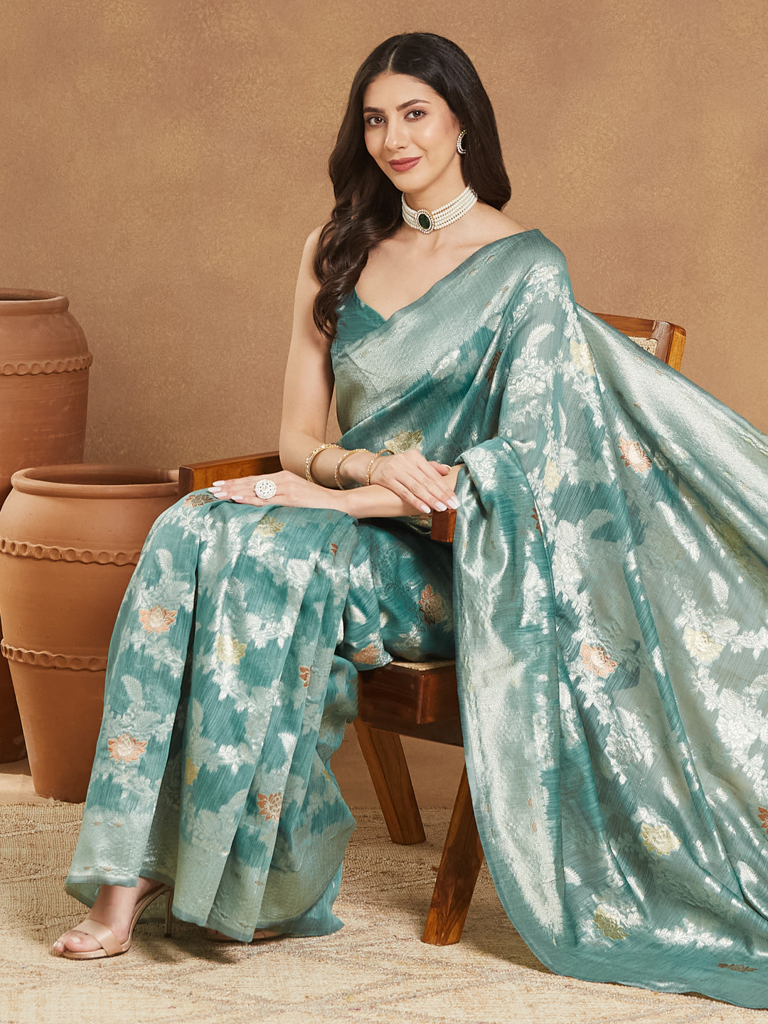 Janasya Women's Sea Green Linen Blend Floral Woven Design Jacquard Saree with Blouse Piece