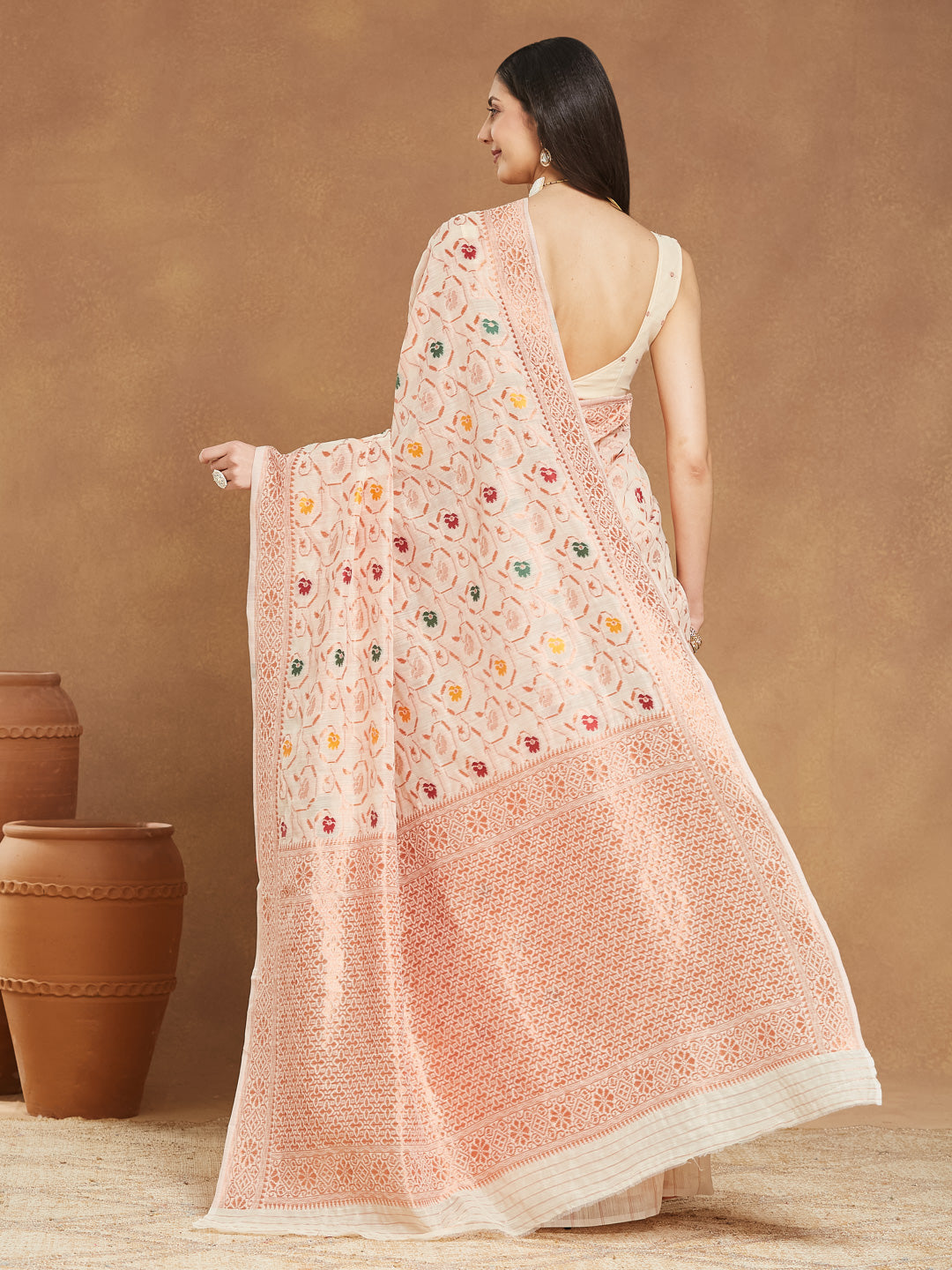 Janasya Women's Light Peach Linen Blend Patola Woven Design Jacquard Saree with Blouse Piece