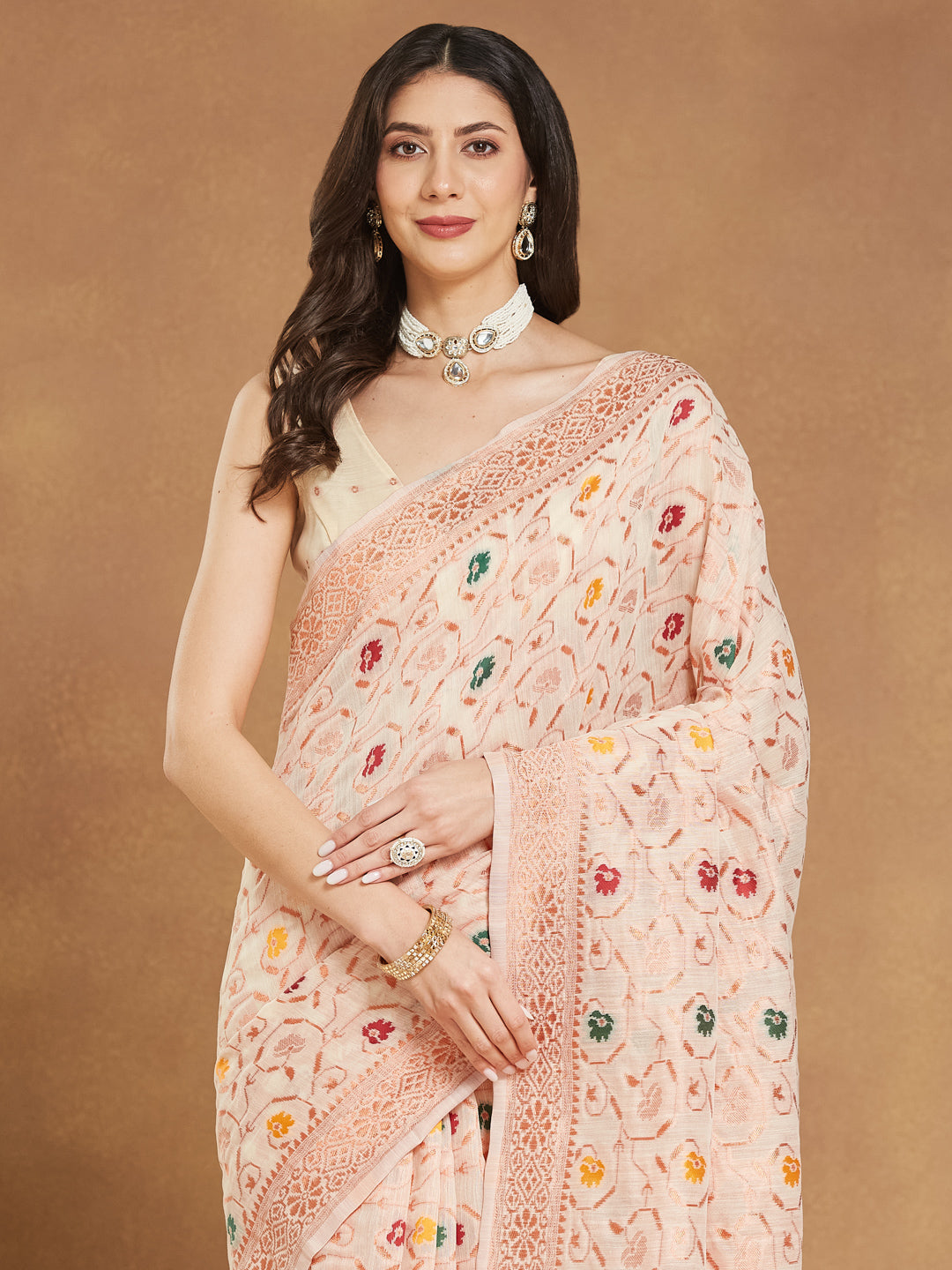 Janasya Women's Light Peach Linen Blend Patola Woven Design Jacquard Saree with Blouse Piece