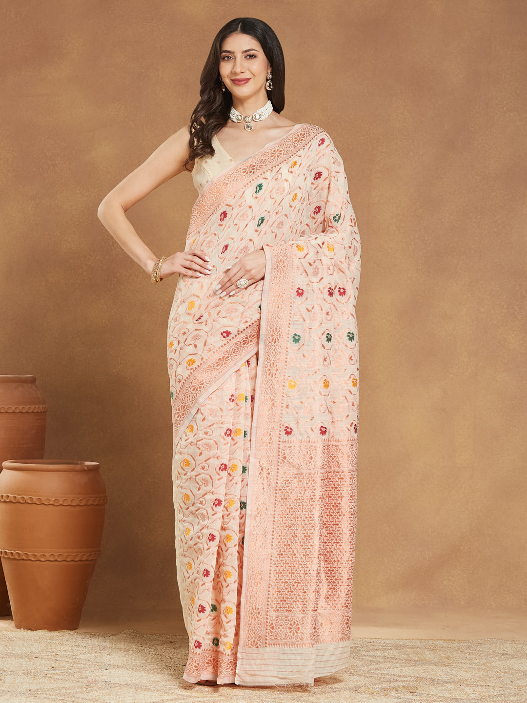 Janasya Women's Light Peach Linen Blend Patola Woven Design Jacquard Saree with Blouse Piece