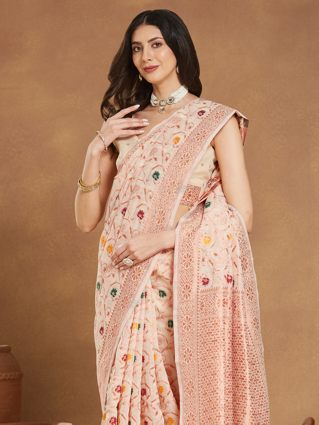 Janasya Women's Light Peach Linen Blend Patola Woven Design Jacquard Saree with Blouse Piece