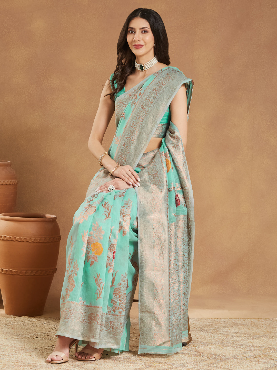Janasya Women's Sea Blue Linen Blend Floral Woven Design Jacquard Saree with Blouse Piece