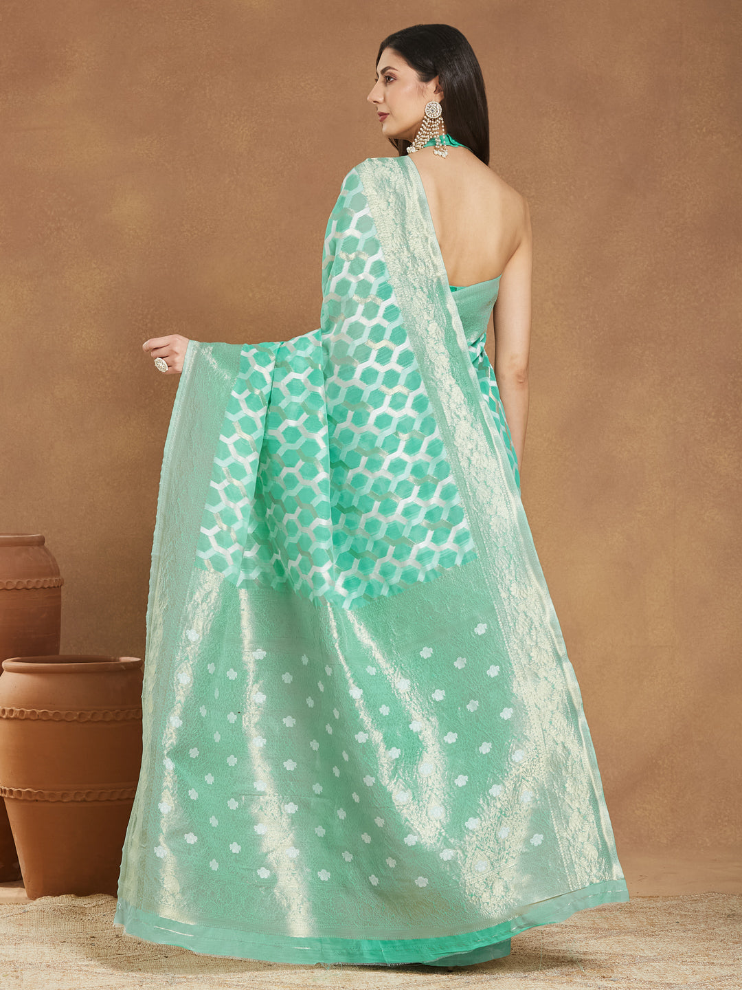 Janasya Women's Sea Green Linen Blend Geometric Woven Design Jacquard Saree with Blouse Piece