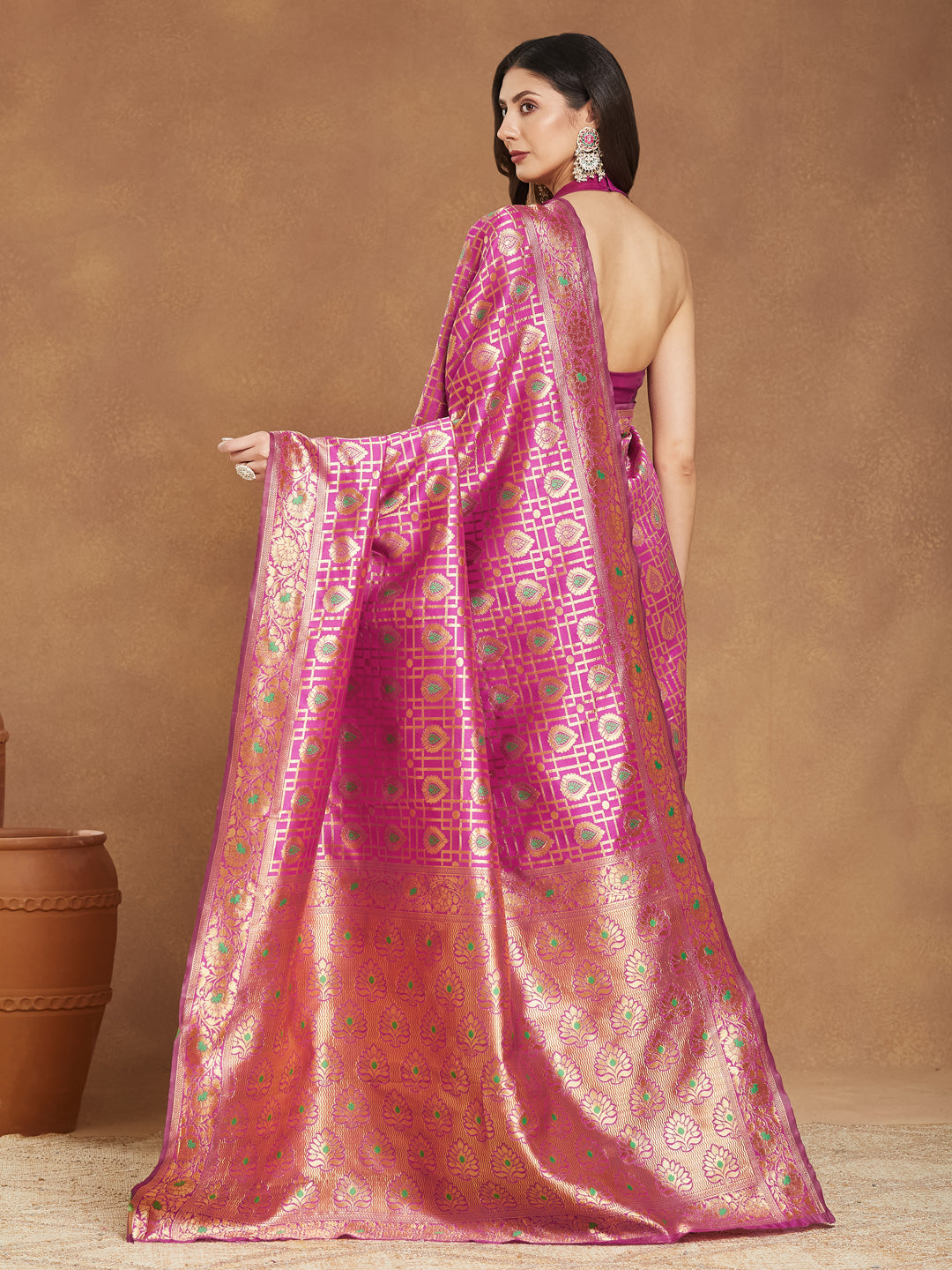 Janasya Women's Pink Silk Blend Ethnic Motifs Woven Design Jacquard Saree with Blouse Piece