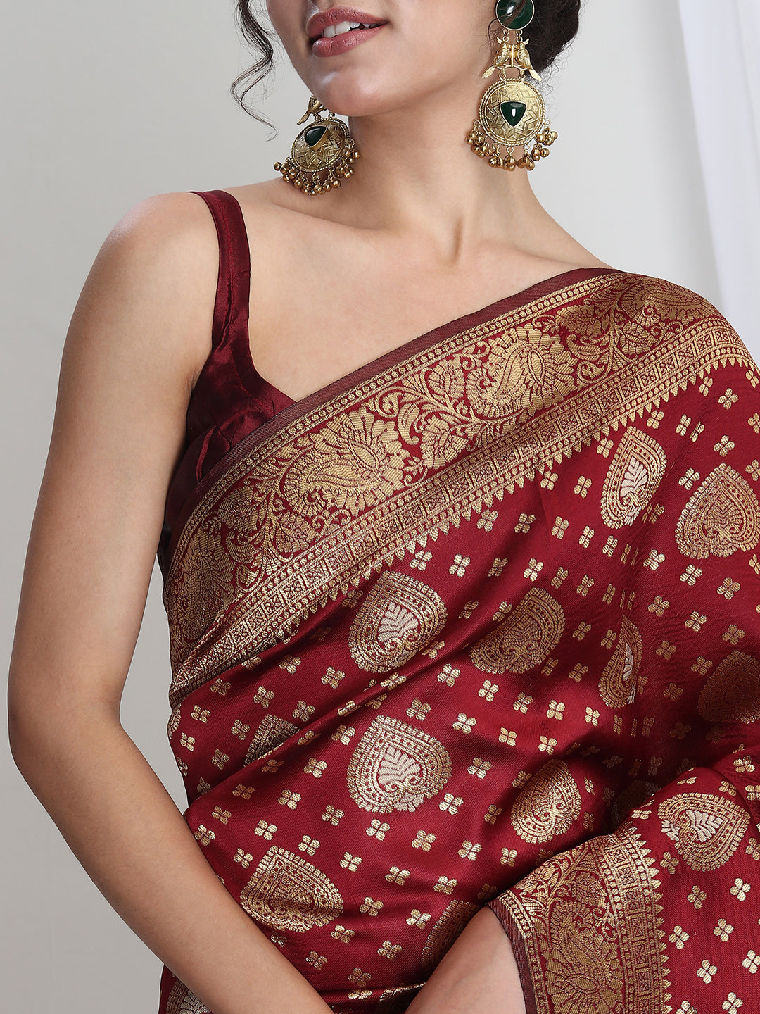 Janasya Women's Maroon Silk Blend Ethnic Motifs Woven Design Jacquard Saree with Blouse Piece