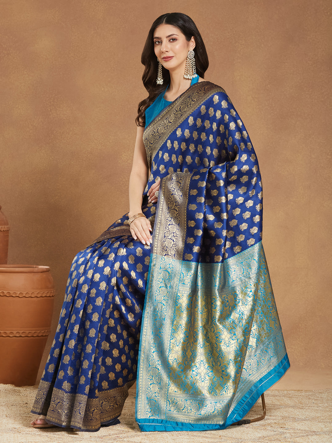 Janasya Women's Blue Silk Blend Ethnic Motifs Woven Design Banarasi Jacquard Saree with Blouse Piece