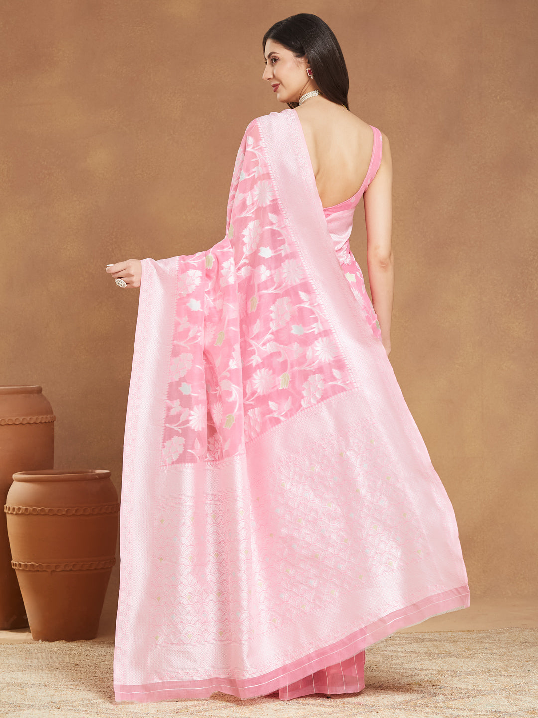 Janasya Women's Light Pink Silk Blend Floral Woven Design Jacquard Saree with Blouse Piece
