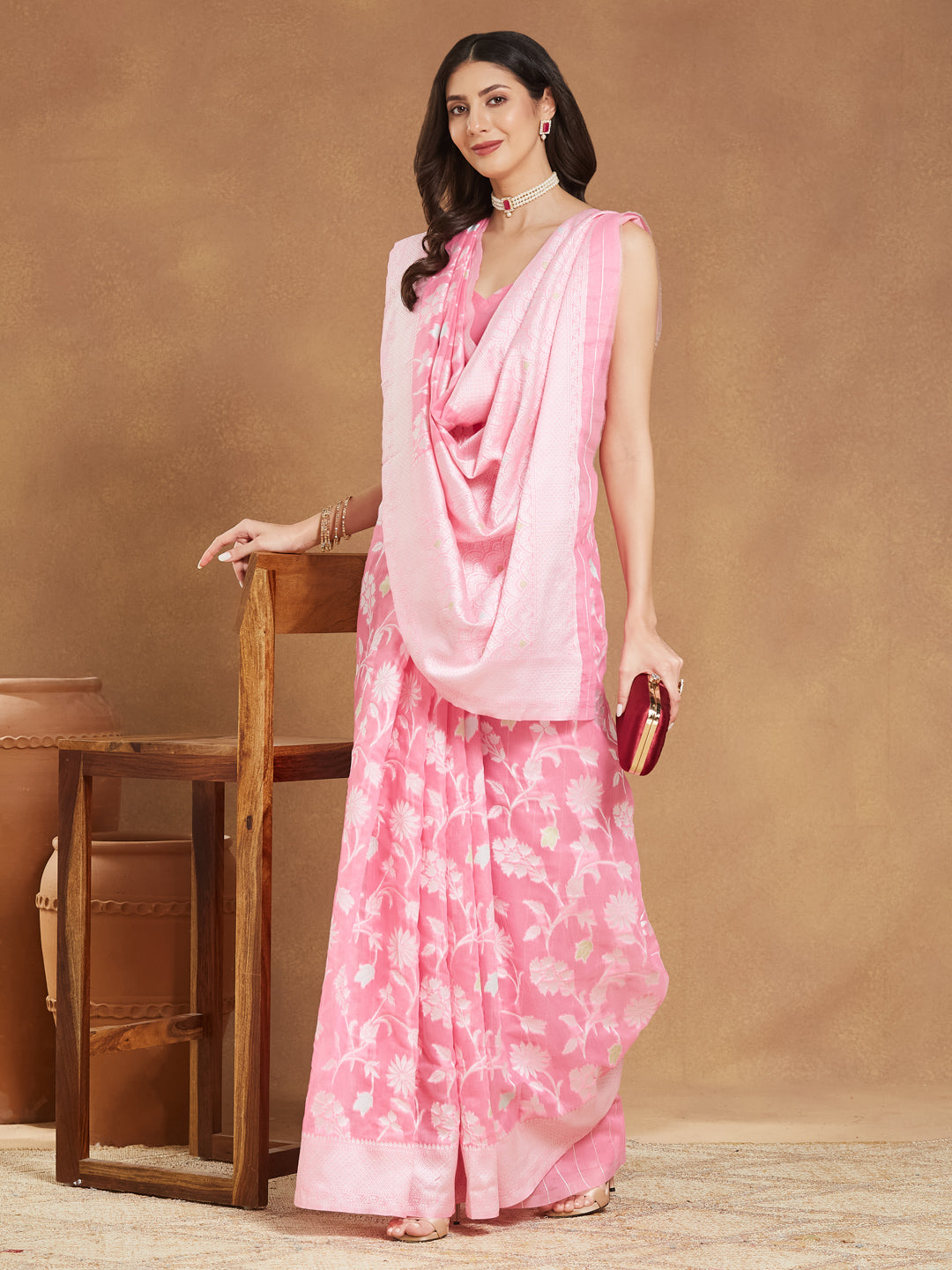 Janasya Women's Light Pink Silk Blend Floral Woven Design Jacquard Saree with Blouse Piece