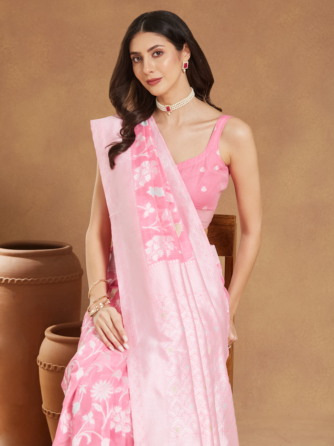 Janasya Women's Light Pink Silk Blend Floral Woven Design Jacquard Saree with Blouse Piece