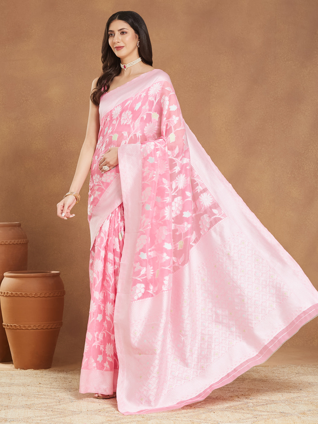 Janasya Women's Light Pink Silk Blend Floral Woven Design Jacquard Saree with Blouse Piece