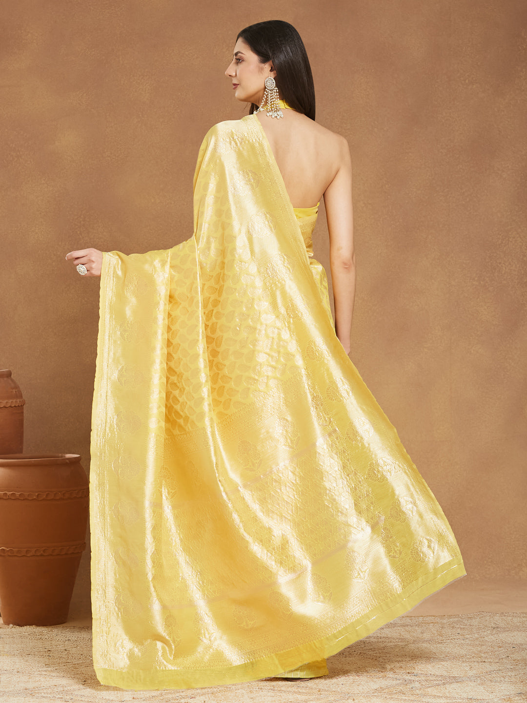 Janasya Women's Yellow Silk Blend Leaf Motifs Woven Design Jacquard Saree with Blouse Piece