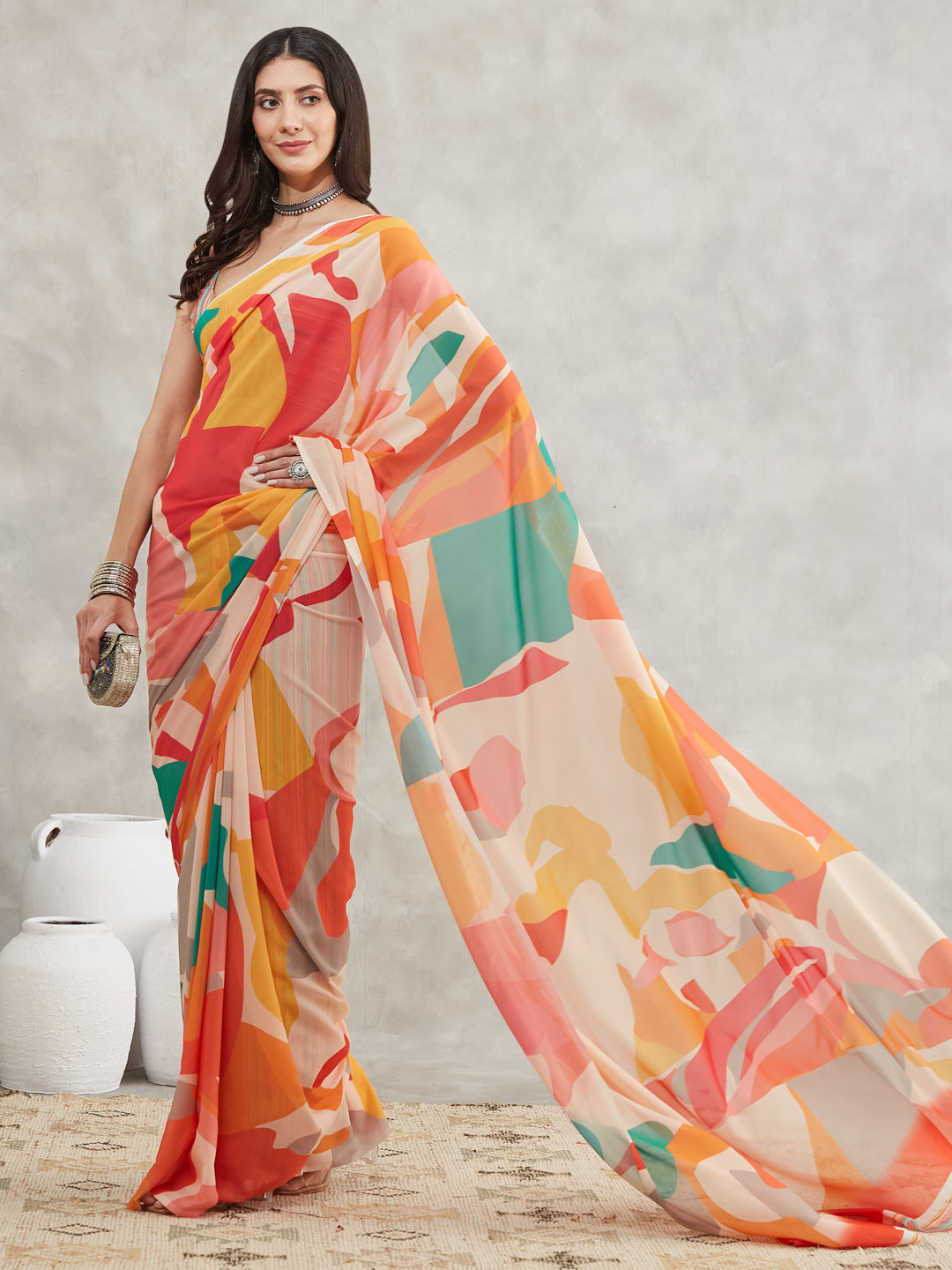 Janasya Women's Multicolor Georgette Abstract Printed Printed Saree with Blouse Piece