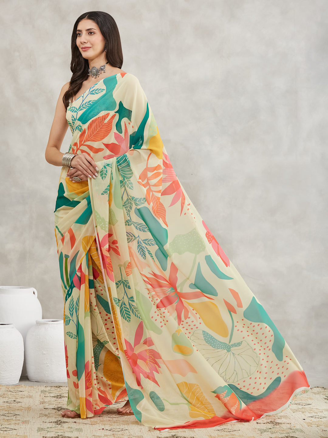 Janasya Women's Multicolor Georgette Tropical Printed Printed Saree with Blouse Piece