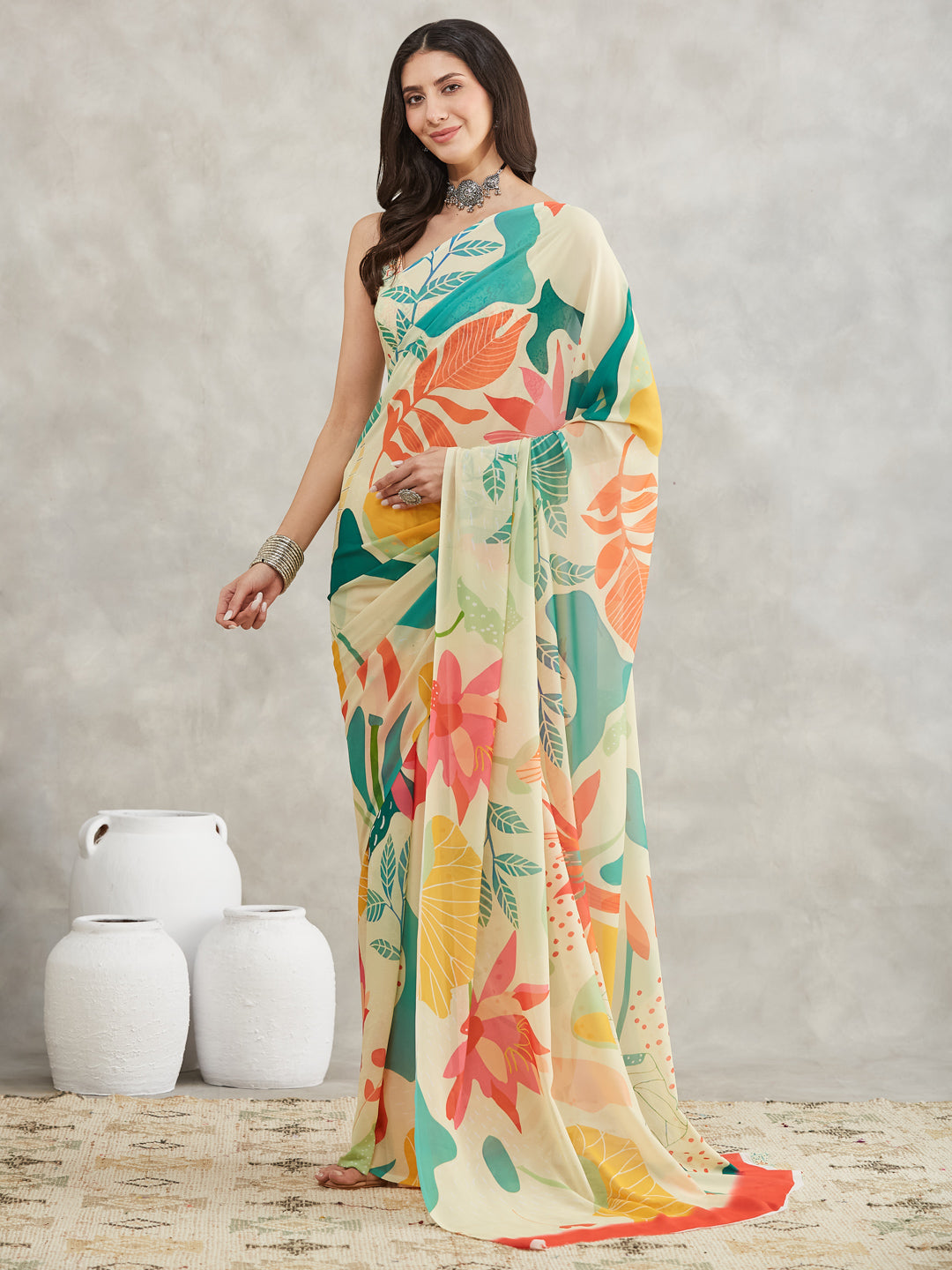 Janasya Women's Multicolor Georgette Tropical Printed Printed Saree with Blouse Piece
