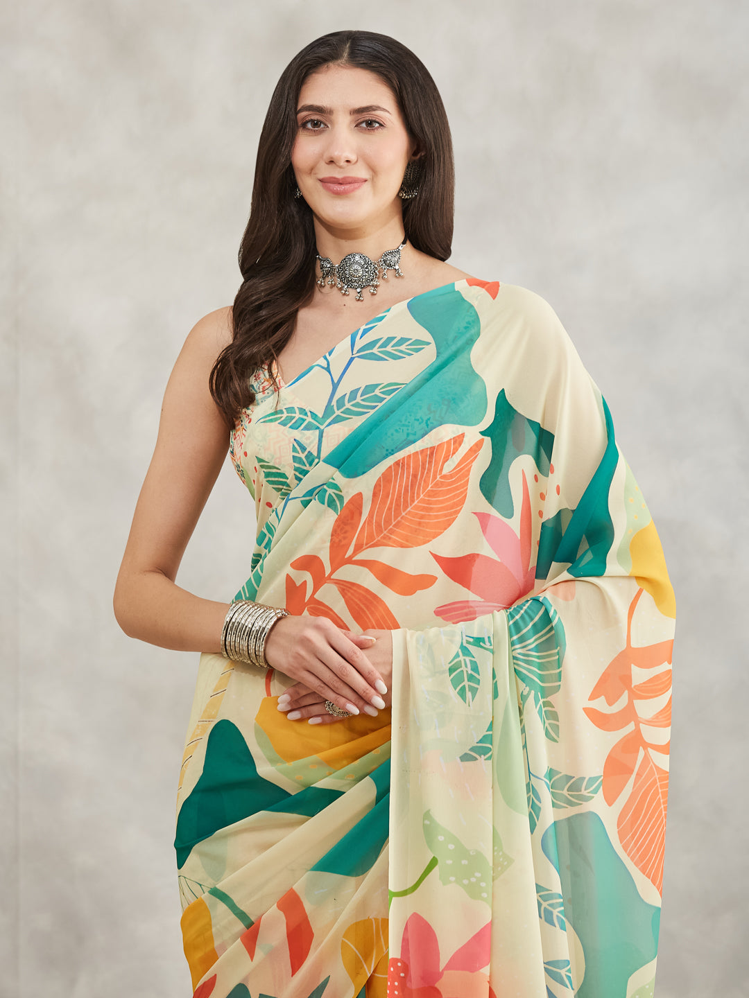 Janasya Women's Multicolor Georgette Tropical Printed Printed Saree with Blouse Piece