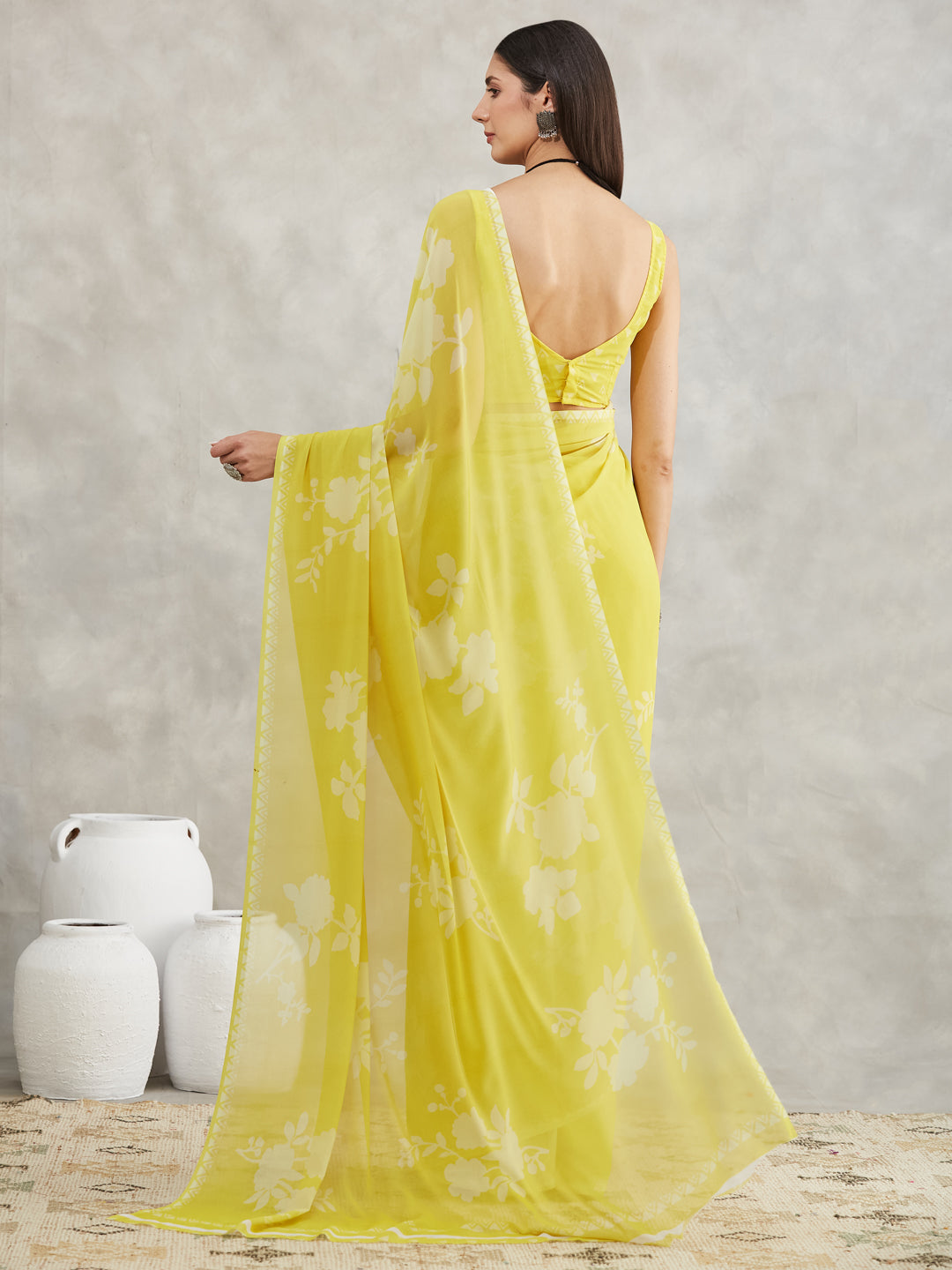 Janasya Women's Lime Yellow Georgette Floral Printed Printed Saree with Blouse Piece