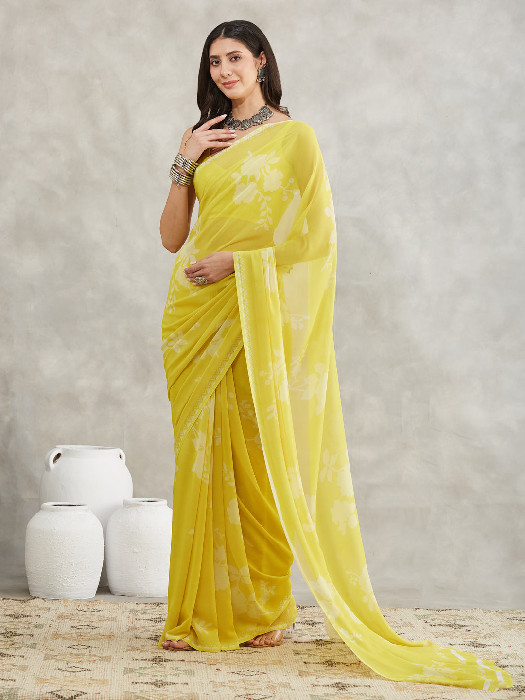 Janasya Women's Lime Yellow Georgette Floral Printed Printed Saree with Blouse Piece
