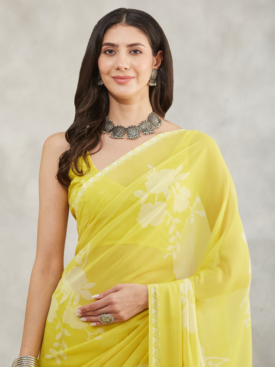 Janasya Women's Lime Yellow Georgette Floral Printed Printed Saree with Blouse Piece