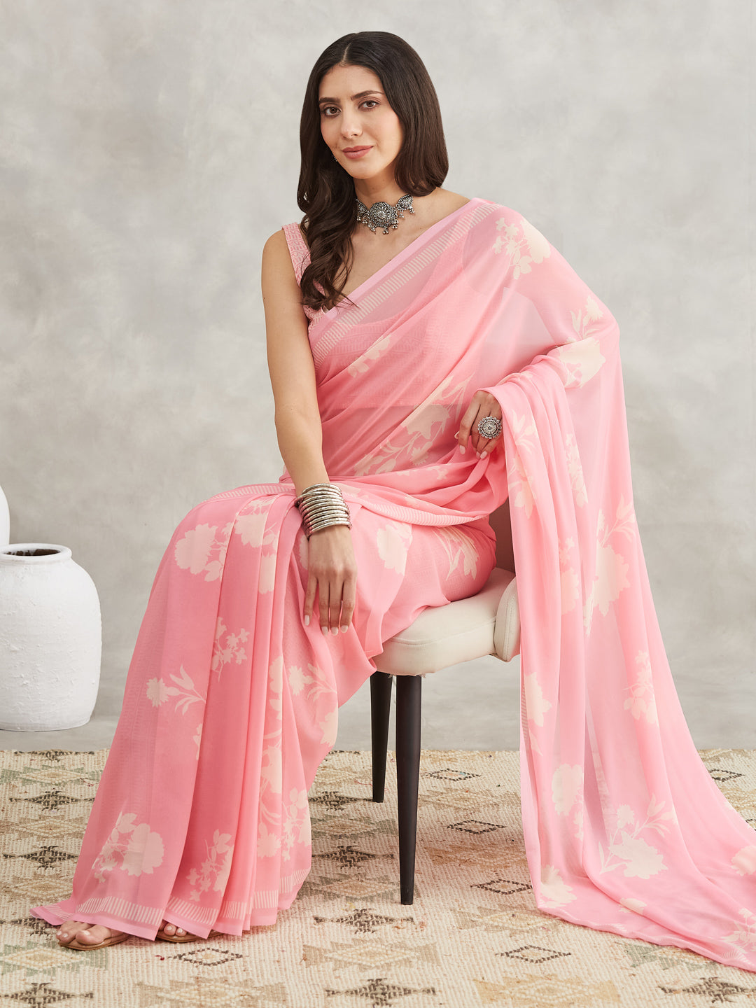 Janasya Women's Light Pink Georgette Floral Printed Printed Saree with Blouse Piece