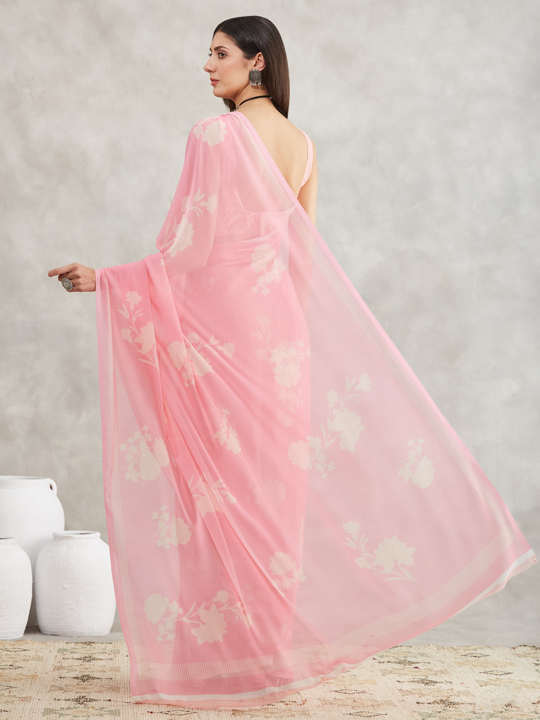 Janasya Women's Light Pink Georgette Floral Printed Printed Saree with Blouse Piece