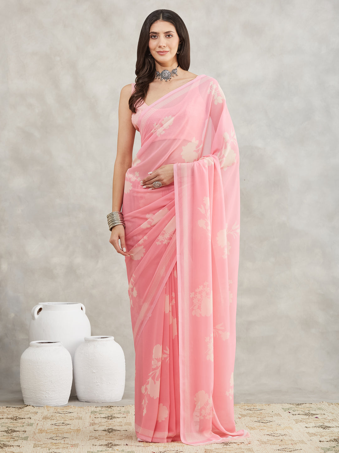 Janasya Women's Light Pink Georgette Floral Printed Printed Saree with Blouse Piece