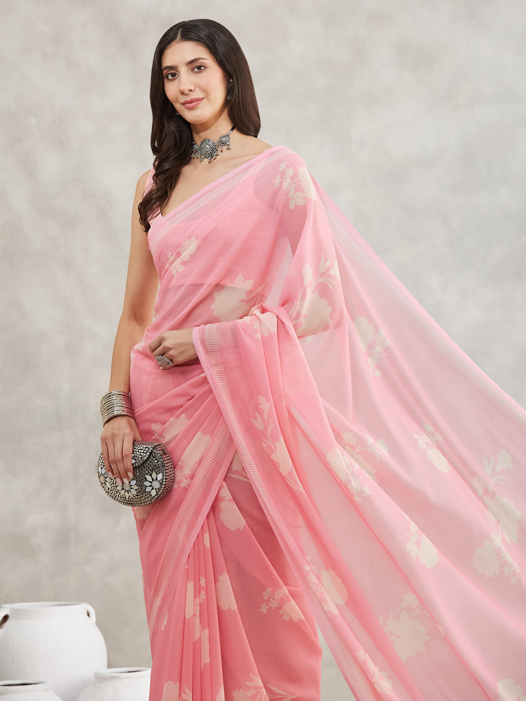 Janasya Women's Light Pink Georgette Floral Printed Printed Saree with Blouse Piece