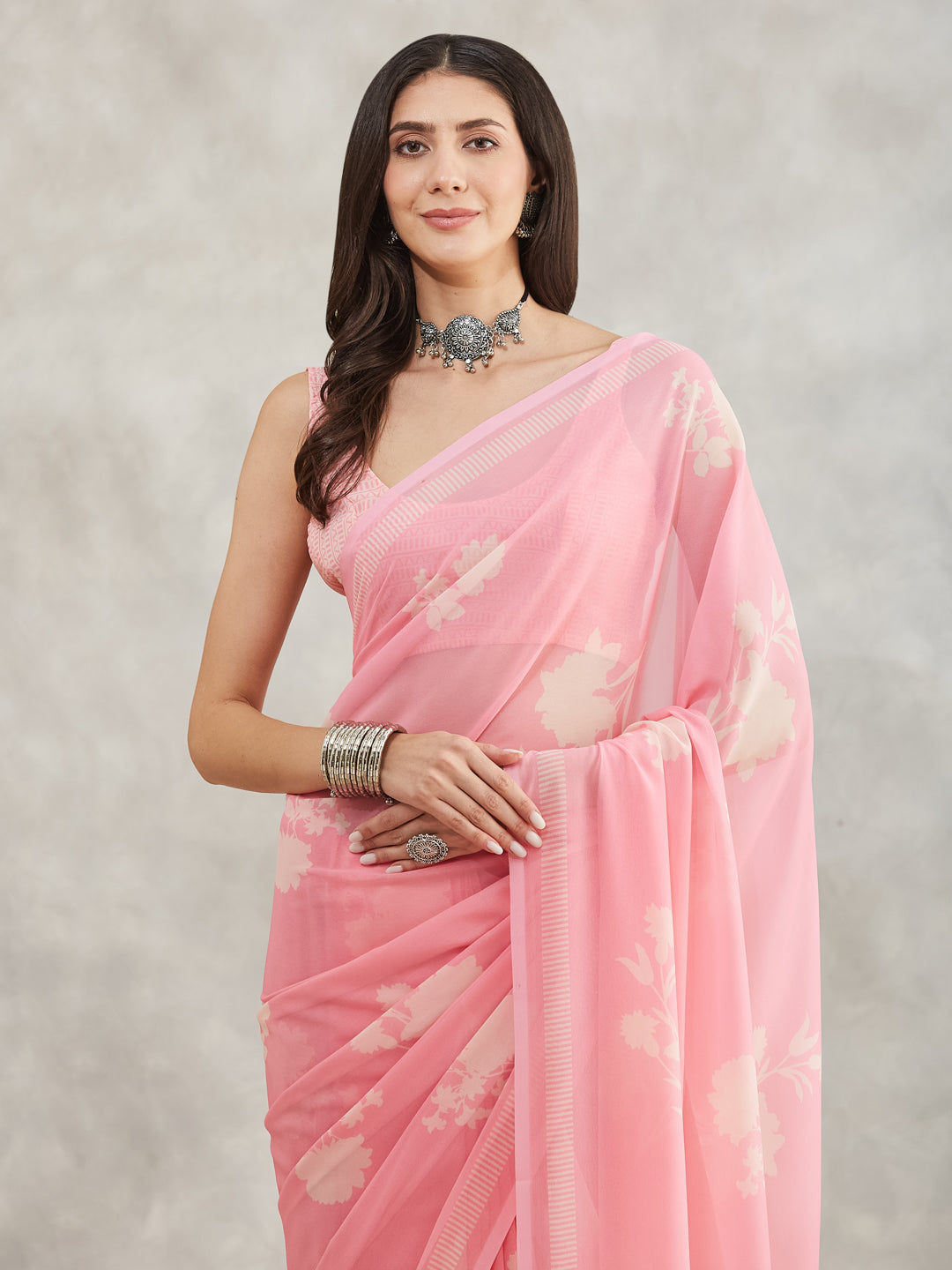 Janasya Women's Light Pink Georgette Floral Printed Printed Saree with Blouse Piece