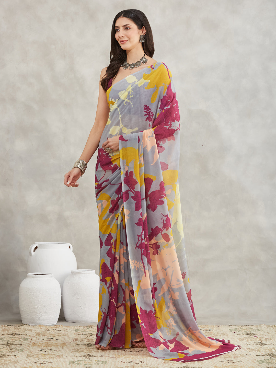 Janasya Women's Grey Georgette Abstract Printed Printed Saree with Blouse Piece