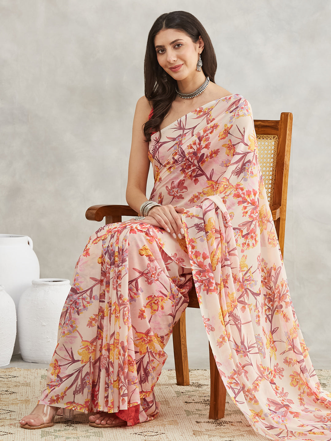 Janasya Women's Cream Georgette Floral Printed Printed Saree with Blouse Piece
