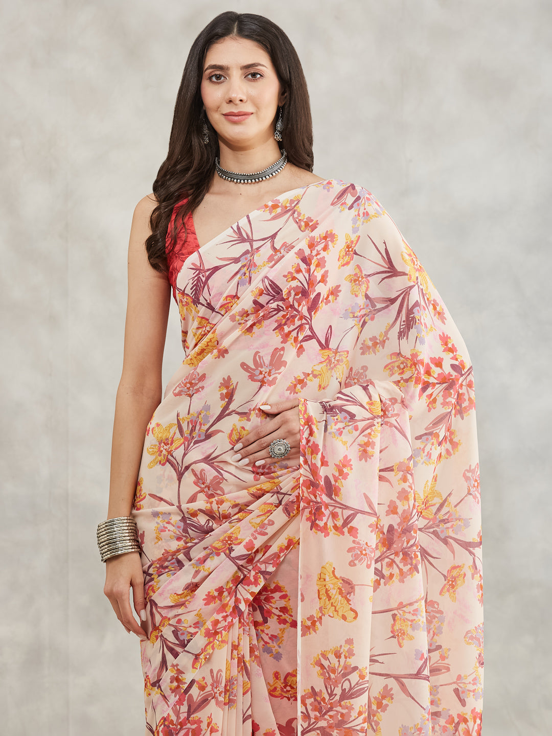 Janasya Women's Cream Georgette Floral Printed Printed Saree with Blouse Piece