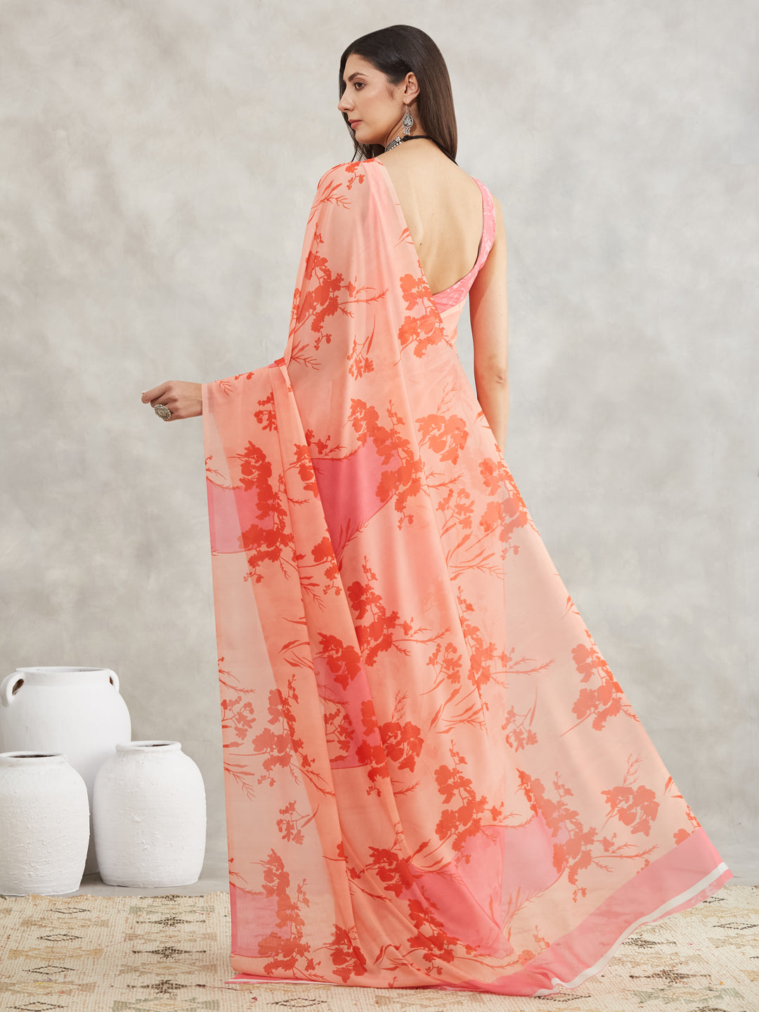 Janasya Women's Peach Georgette Floral Printed Printed Saree with Blouse Piece