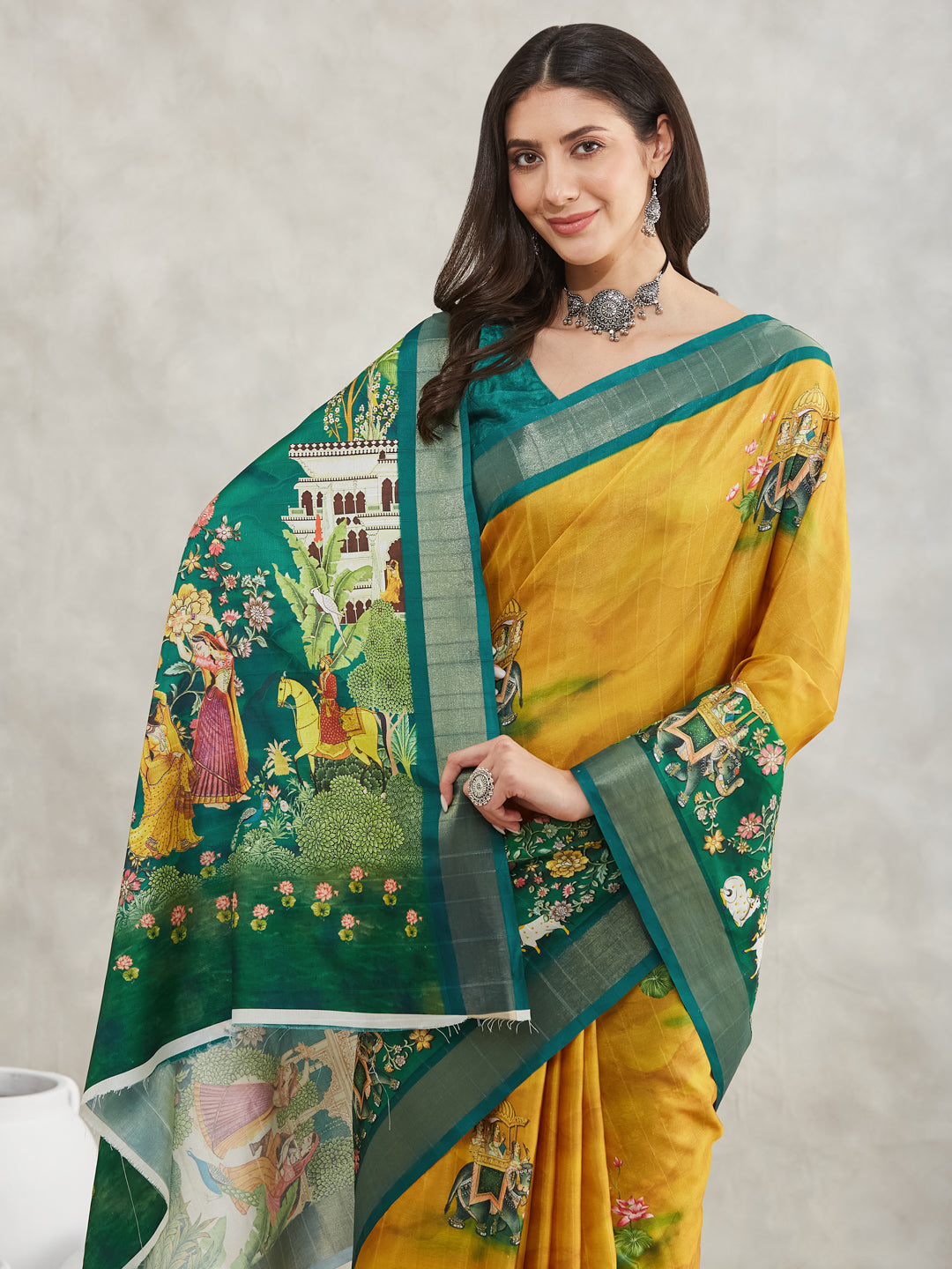 Janasya Women's Mustard Silk Blend Ethnic Motifs Printed Printed Saree with Blouse Piece