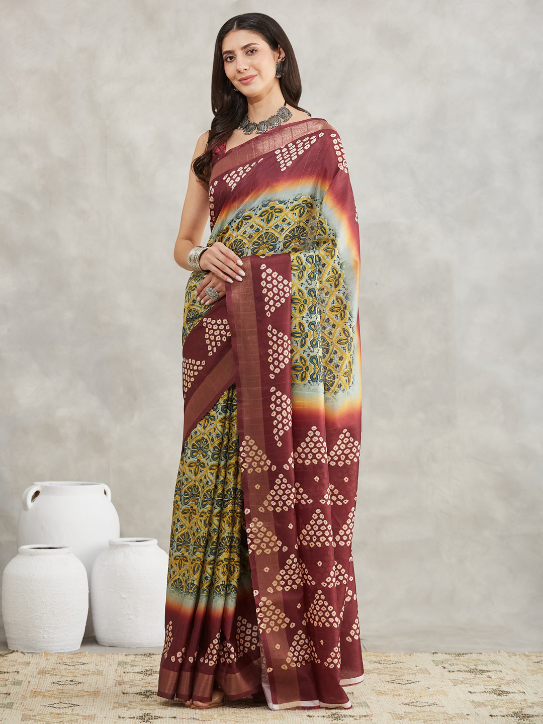 Janasya Women's Yellow Silk Blend Ethnic Motifs Printed Printed Saree with Blouse Piece