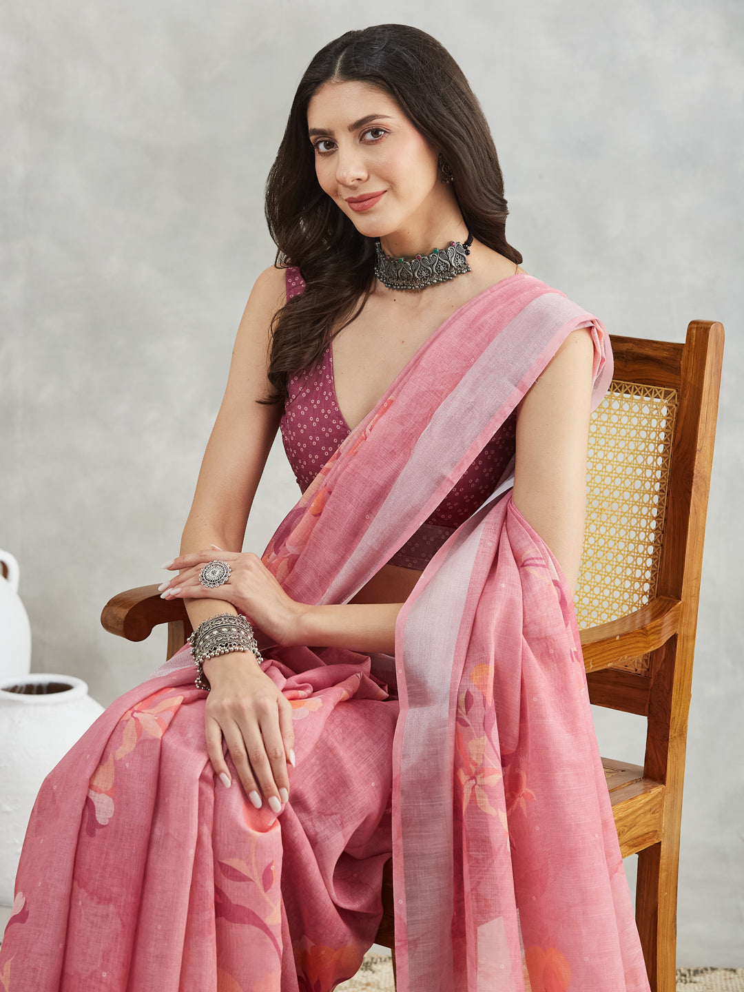 Janasya Women's Mauve Linen Blend Floral Printed Printed Saree with Blouse Piece