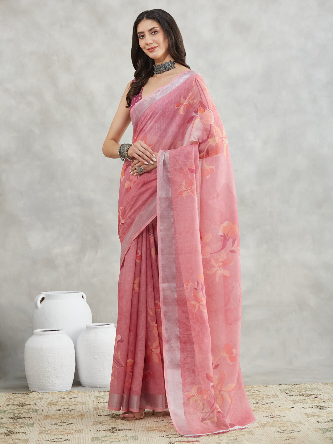 Janasya Women's Mauve Linen Blend Floral Printed Printed Saree with Blouse Piece