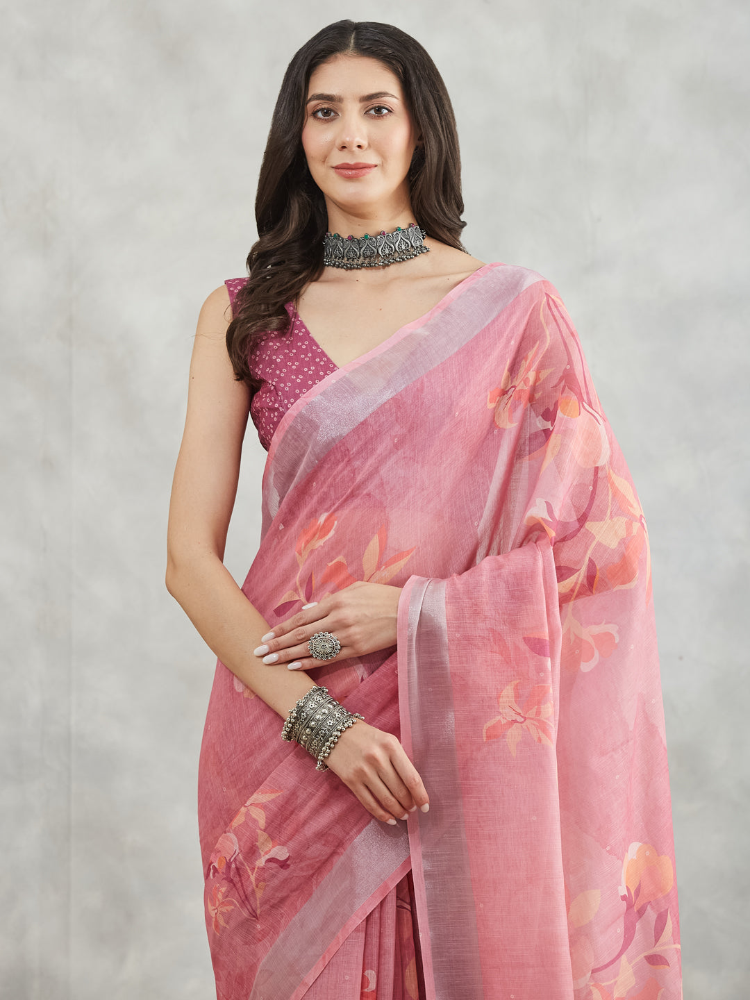 Janasya Women's Mauve Linen Blend Floral Printed Printed Saree with Blouse Piece