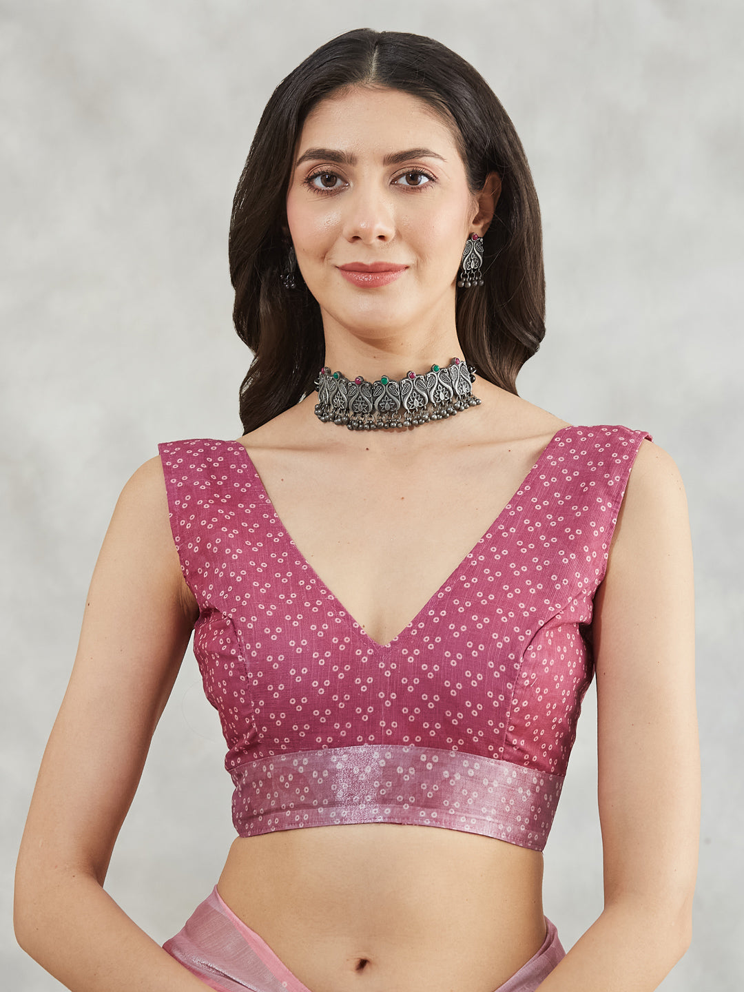 Janasya Women's Mauve Linen Blend Floral Printed Printed Saree with Blouse Piece