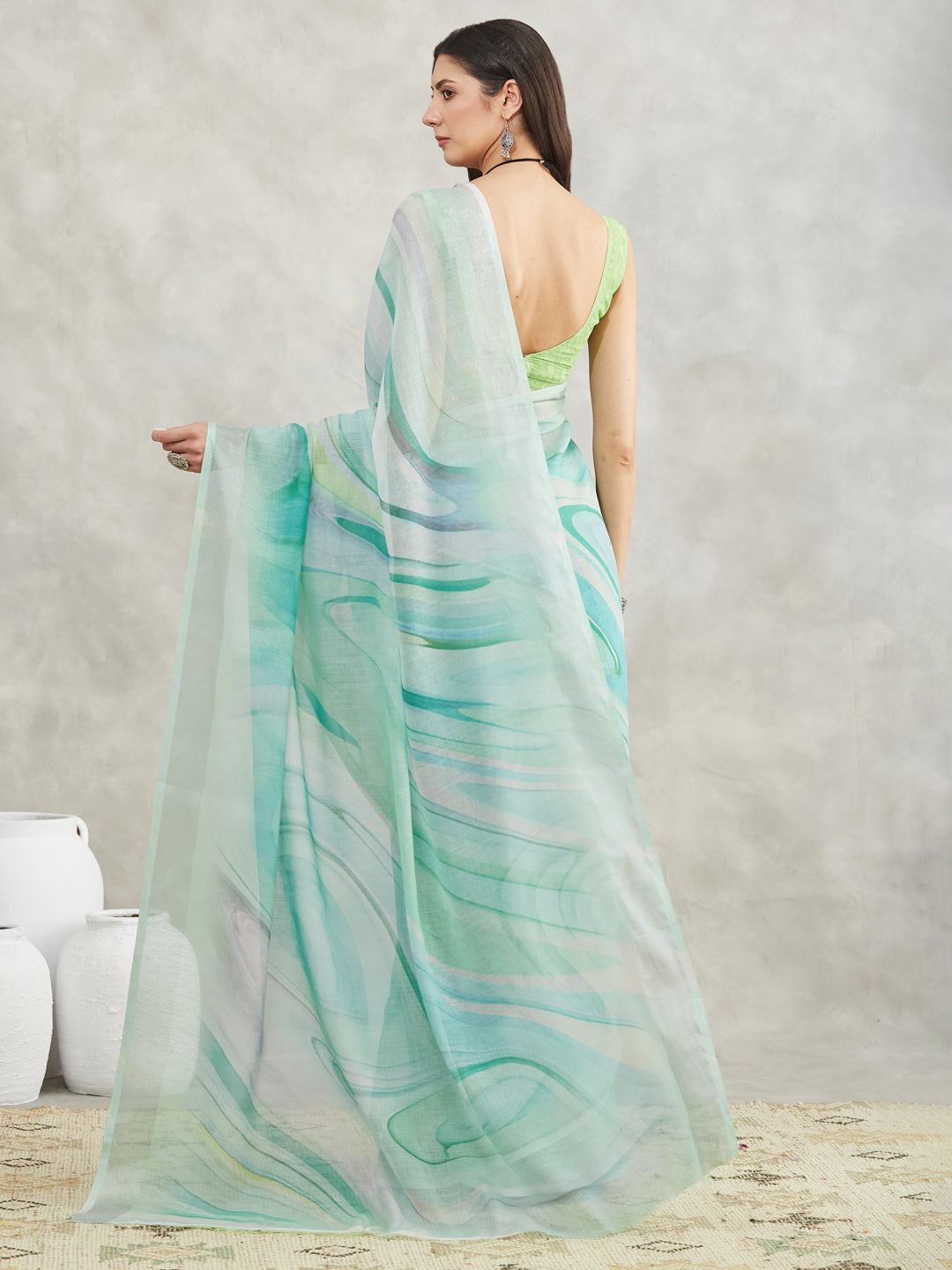 Janasya Women's Sea Green Linen Blend Abstract Printed Printed Saree with Blouse Piece