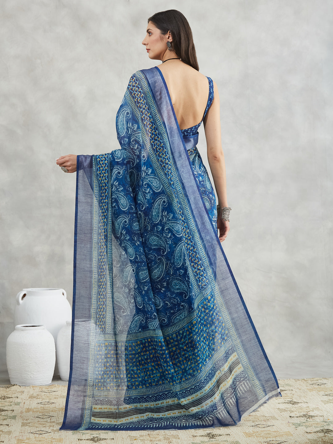 Janasya Women's Blue Linen Blend Paisley Printed Printed Saree with Blouse Piece