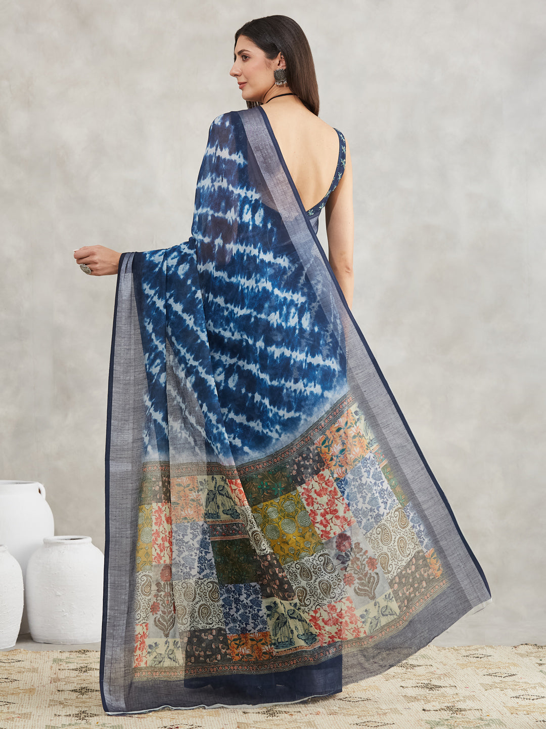 Janasya Women's Indigo Linen Blend Tie & Dye Printed Printed Saree with Blouse Piece