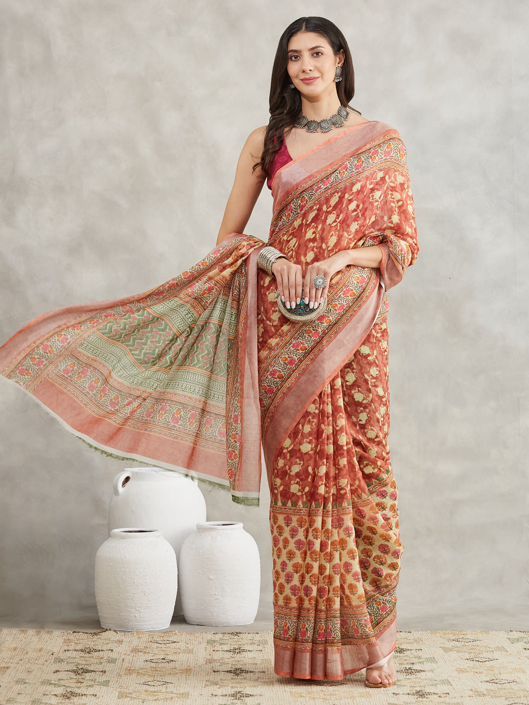Janasya Women's Rust Linen Blend Batik Printed Printed Saree with Blouse Piece