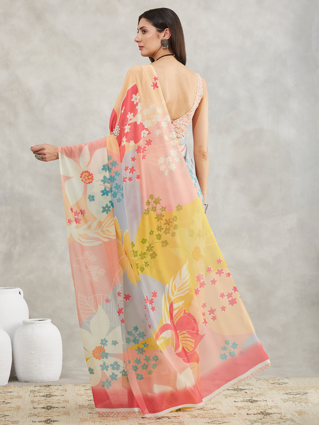 Janasya Women's Multicolor Georgette Floral Printed Printed Saree with Blouse Piece