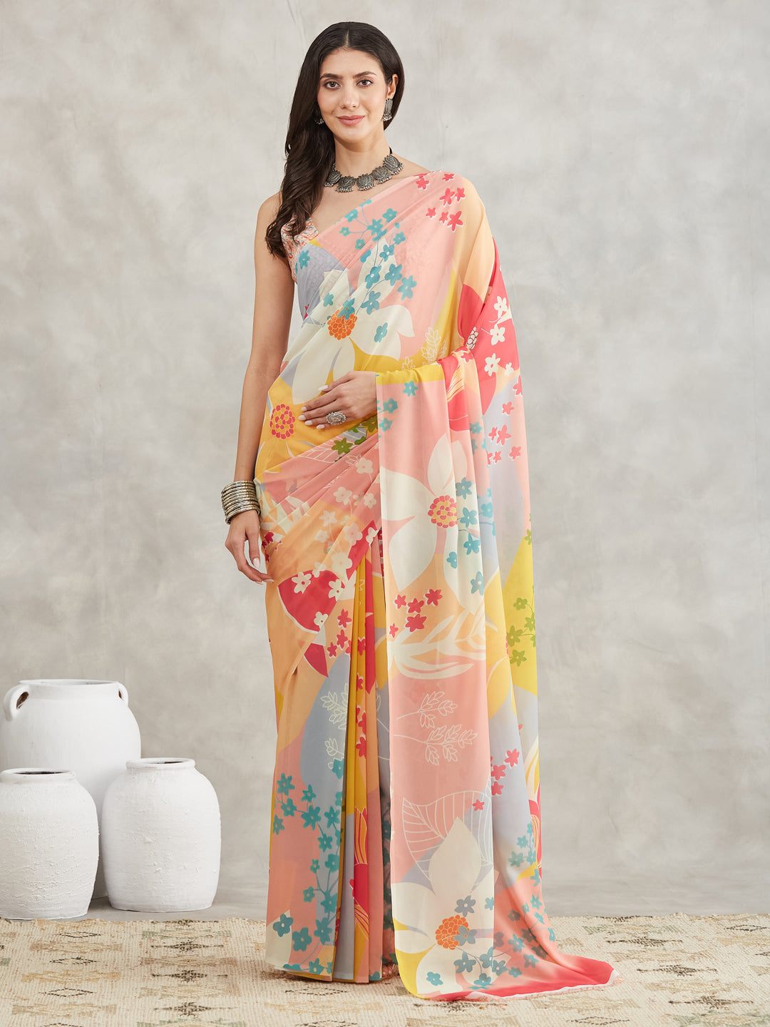 Janasya Women's Multicolor Georgette Floral Printed Printed Saree with Blouse Piece