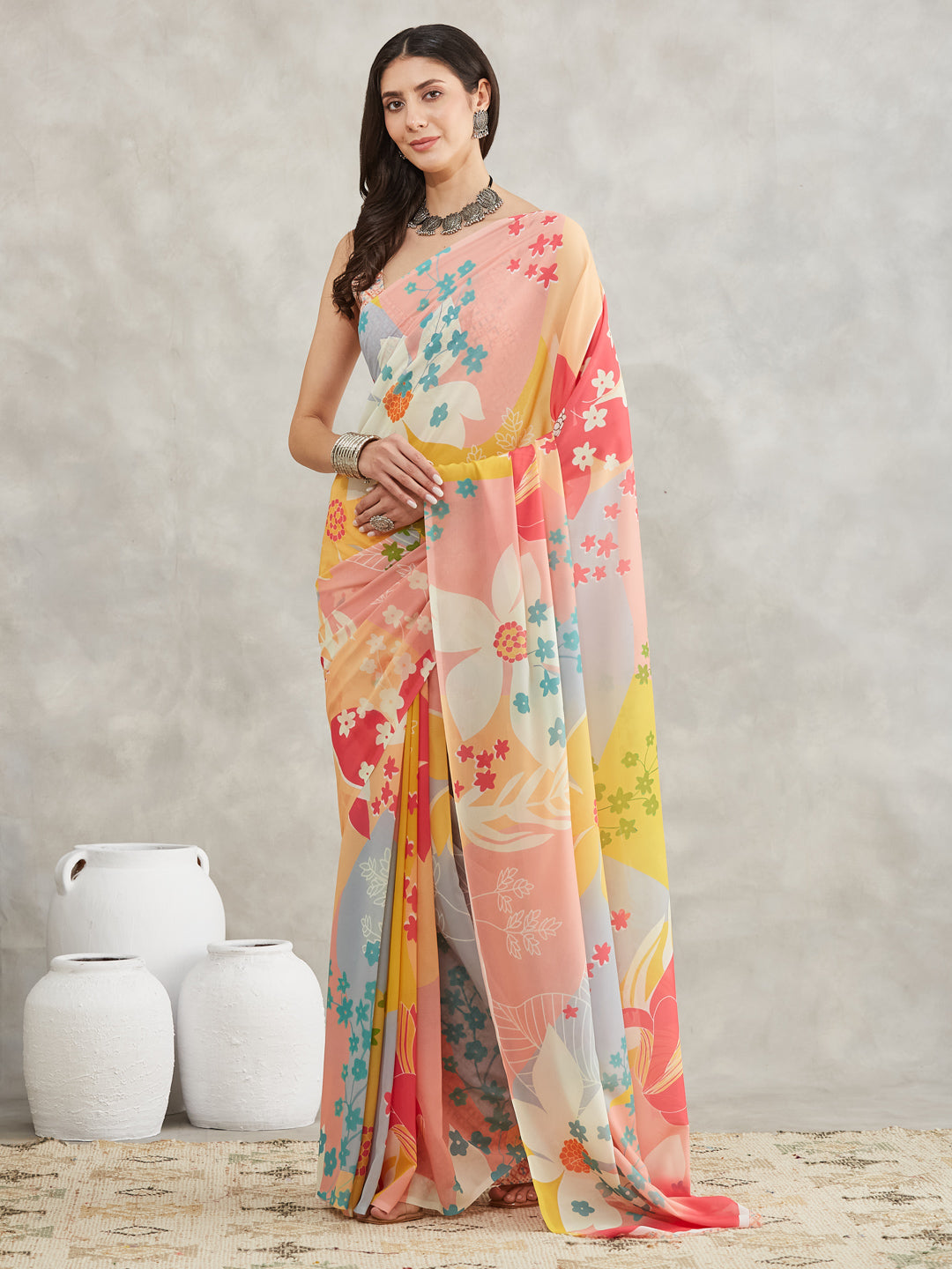 Janasya Women's Multicolor Georgette Floral Printed Printed Saree with Blouse Piece