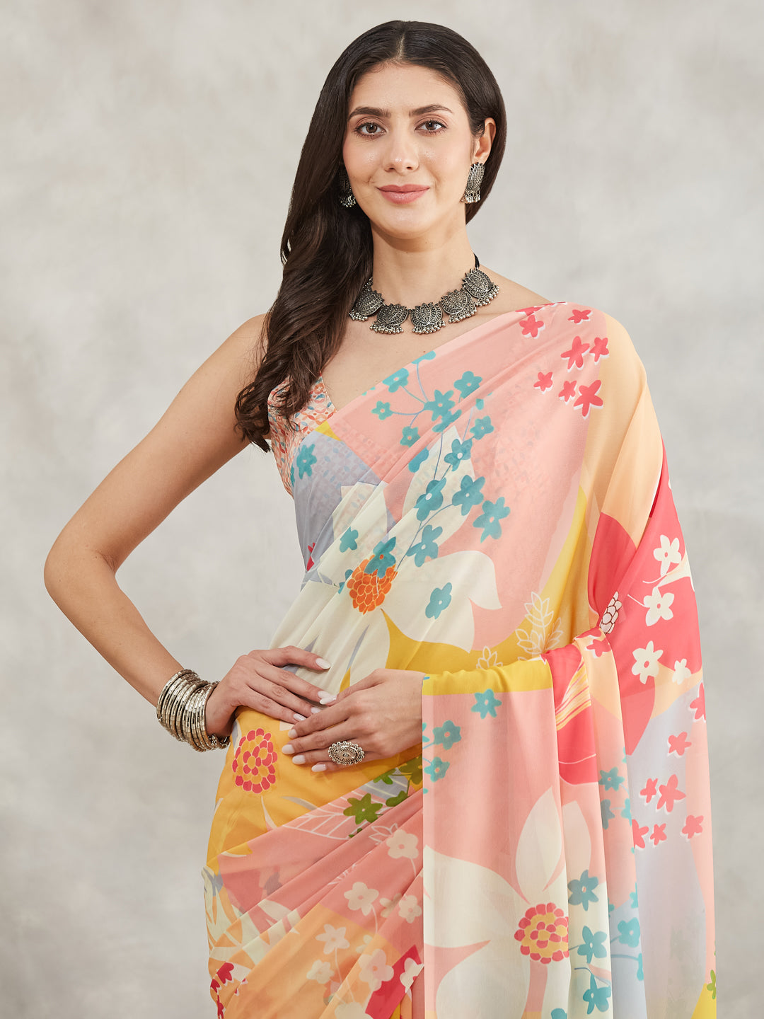 Janasya Women's Multicolor Georgette Floral Printed Printed Saree with Blouse Piece